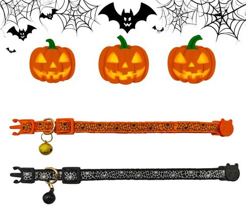 2 Pack Halloween Prepanway Cat ، مع تصميم الويب العنكبوت ، وربع السلامة وجرس قابلة للإزالة من الياقات القطنية ، قابلة للتعديل من 7.5 إلى 12.5 بوصة (Orange & Black) in Saudi Arabia