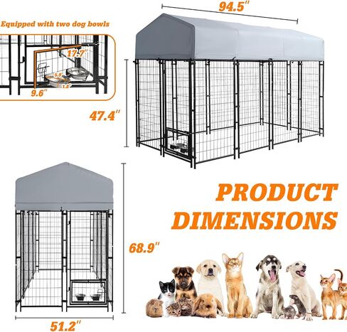 Playpen الكلب الكلب الكبير في الهواء الطلق - 8 × 4 × 6 قدمًا ملحومة من الصلب الصلب ، قفص قفص قفص مع سقف مقاوم للأشعة فوق البنفسجية وقفل آمن للدجاج ، والأرانب ، والثعلب في حديقة الفناء الفناء in Saudi Arabia