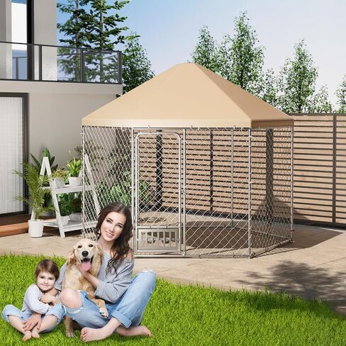 Outdoor Dog Kennel with Roof, Large Dog Kennel Outdoor with Rotating Feeding Bowls,Heavy Duty Hexagonal Dog Pens Outside for Backyard (9.3x9.3x8.1 FT) in Saudi Arabia
