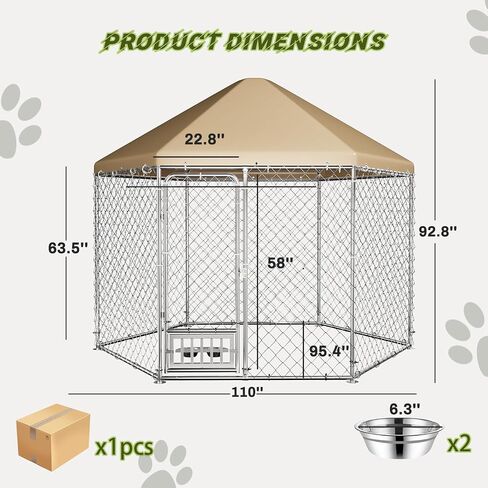 Outdoor Dog Kennel with Roof, Large Dog Kennel Outdoor with Rotating Feeding Bowls,Heavy Duty Hexagonal Dog Pens Outside for Backyard (9.3x9.3x8.1 FT) in Saudi Arabia