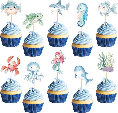 RSSTARXI 40 Pack Ocean Animal Cupcake Topcake Cartoon Cartoon Heyffish Mermaid Cupcake تختار تحت سطح البحر زينة كب كيك للاستحمام الطفل ديكورات كعكة عيد ميلاد الأطفال in Kuwait