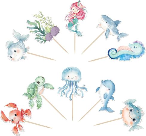 RSSTARXI 40 Pack Ocean Animal Cupcake Topcake Cartoon Cartoon Heyffish Mermaid Cupcake تختار تحت سطح البحر زينة كب كيك للاستحمام الطفل ديكورات كعكة عيد ميلاد الأطفال in Kuwait