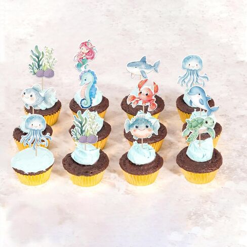 RSSTARXI 40 Pack Ocean Animal Cupcake Topcake Cartoon Cartoon Heyffish Mermaid Cupcake تختار تحت سطح البحر زينة كب كيك للاستحمام الطفل ديكورات كعكة عيد ميلاد الأطفال in Kuwait