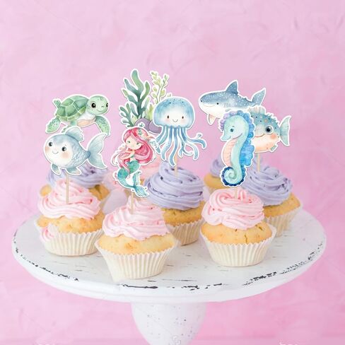 RSSTARXI 40 Pack Ocean Animal Cupcake Topcake Cartoon Cartoon Heyffish Mermaid Cupcake تختار تحت سطح البحر زينة كب كيك للاستحمام الطفل ديكورات كعكة عيد ميلاد الأطفال in Kuwait