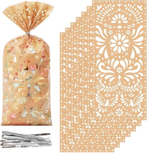 Funrous 100 Pcs Cielito Lindo Cellophane Bags Mexican Fiesta Gift Bags with Twist Ties Cinco De Mayo Party Favors Barro Candy Sack Talavera Sack for Mexican Wedding Fiesta Party Supplies (Light Brown) in Saudi Arabia