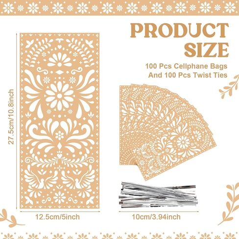 Funrous 100 Pcs Cielito Lindo Cellophane Bags Mexican Fiesta Gift Bags with Twist Ties Cinco De Mayo Party Favors Barro Candy Sack Talavera Sack for Mexican Wedding Fiesta Party Supplies (Light Brown) in Saudi Arabia