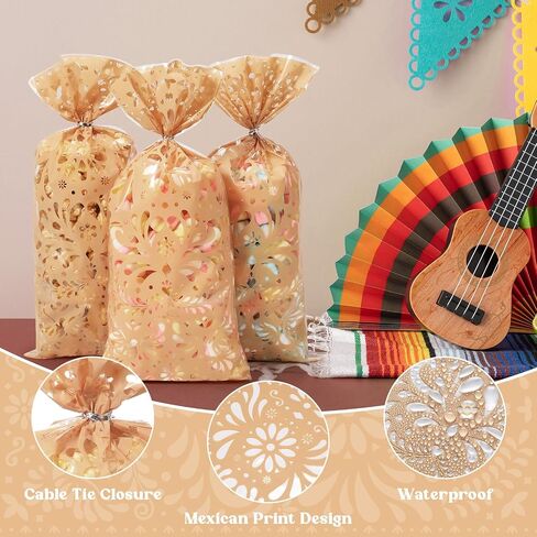 Funrous 100 Pcs Cielito Lindo Cellophane Bags Mexican Fiesta Gift Bags with Twist Ties Cinco De Mayo Party Favors Barro Candy Sack Talavera Sack for Mexican Wedding Fiesta Party Supplies (Light Brown) in Saudi Arabia