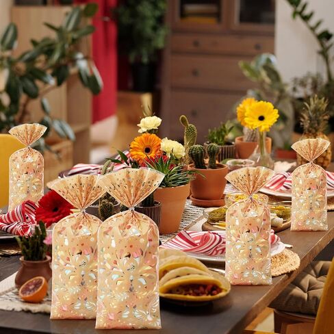 Funrous 100 Pcs Cielito Lindo Cellophane Bags Mexican Fiesta Gift Bags with Twist Ties Cinco De Mayo Party Favors Barro Candy Sack Talavera Sack for Mexican Wedding Fiesta Party Supplies (Light Brown) in Saudi Arabia