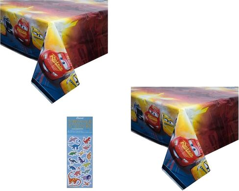 Unique Disney Cars Birthday Party Supplies Bundle Pack Includes 2 Plastic Table Cover 54" x 84" and 1 Dinosaur Sticker Sheet in Saudi Arabia