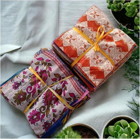 Vintage Indian 25 Pc Recycled Silk Sari Remnants, Floral, Multicolor Fabrics Crafts Sari Silk Fabric Squares Saree Craft Material Home Decor Fabric for Quilting Sewing in Saudi Arabia