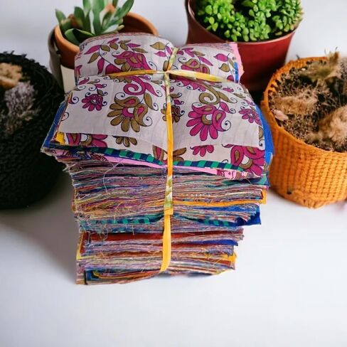 Vintage Indian 25 Pc Recycled Silk Sari Remnants, Floral, Multicolor Fabrics Crafts Sari Silk Fabric Squares Saree Craft Material Home Decor Fabric for Quilting Sewing in Saudi Arabia