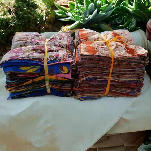 Vintage Indian 25 Pc Recycled Silk Sari Remnants, Floral, Multicolor Fabrics Crafts Sari Silk Fabric Squares Saree Craft Material Home Decor Fabric for Quilting Sewing in Saudi Arabia