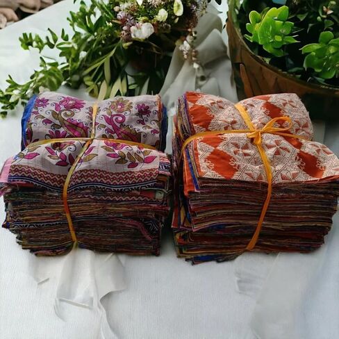 Vintage Indian 25 Pc Recycled Silk Sari Remnants, Floral, Multicolor Fabrics Crafts Sari Silk Fabric Squares Saree Craft Material Home Decor Fabric for Quilting Sewing in Saudi Arabia
