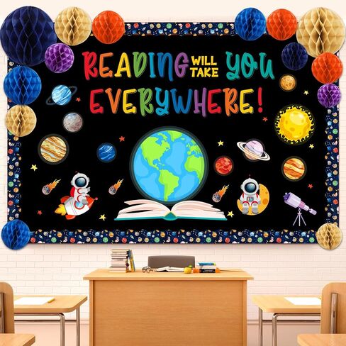 Pasimy Space Classroom Decorations Reading Will Take You Everywhere Bulletin Board Decorations with 3D Honeycomb Ball Galaxy Book Paper Cutouts for Library Back to School Classroom Chalkboard Decor in Saudi Arabia