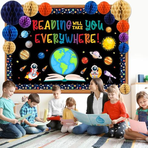Pasimy Space Classroom Decorations Reading Will Take You Everywhere Bulletin Board Decorations with 3D Honeycomb Ball Galaxy Book Paper Cutouts for Library Back to School Classroom Chalkboard Decor in Saudi Arabia
