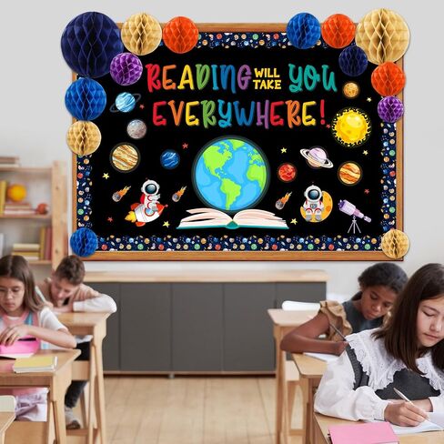 Pasimy Space Classroom Decorations Reading Will Take You Everywhere Bulletin Board Decorations with 3D Honeycomb Ball Galaxy Book Paper Cutouts for Library Back to School Classroom Chalkboard Decor in Saudi Arabia