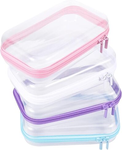 4 Pcs Clear Hard Shell Zipper Case, Transparent Hard Clear Zipper Case, Medium Portable Travel Makeup Bag Organizer Bin for Pencil Cosmetics Building Blocks Puzzles(4Colors) in Kuwait