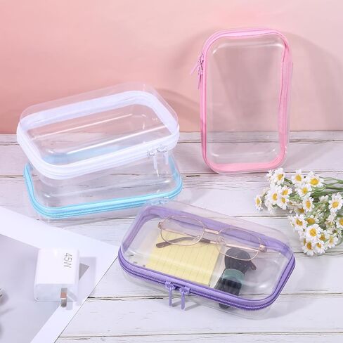 4 Pcs Clear Hard Shell Zipper Case, Transparent Hard Clear Zipper Case, Medium Portable Travel Makeup Bag Organizer Bin for Pencil Cosmetics Building Blocks Puzzles(4Colors) in Kuwait