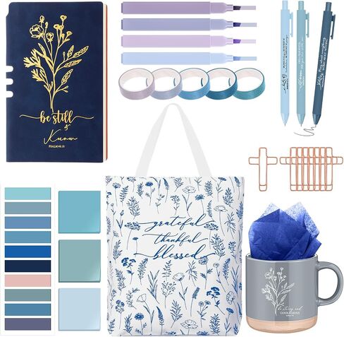 30 Pcs Bible Study Supplies for Customer Service Week Boss's Day Gift Church Boho Bible Journaling Kit with Christian Coffee Mug Canvas Bag Notebook Highlighter Pen Sticky Note(Blue) in Saudi Arabia