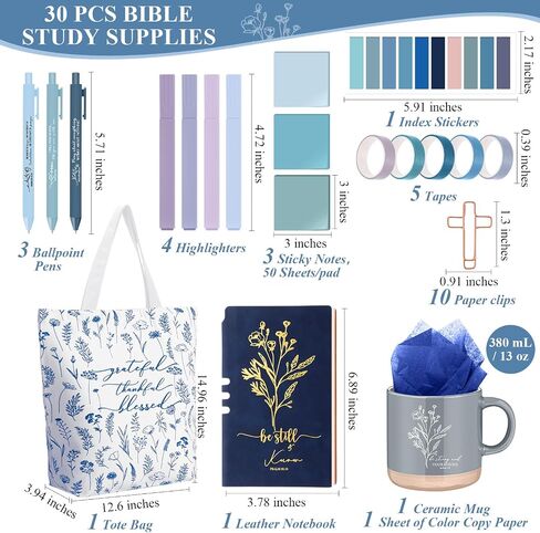 30 Pcs Bible Study Supplies for Customer Service Week Boss's Day Gift Church Boho Bible Journaling Kit with Christian Coffee Mug Canvas Bag Notebook Highlighter Pen Sticky Note(Blue) in Saudi Arabia