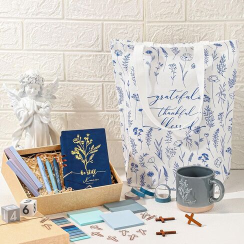 30 Pcs Bible Study Supplies for Customer Service Week Boss's Day Gift Church Boho Bible Journaling Kit with Christian Coffee Mug Canvas Bag Notebook Highlighter Pen Sticky Note(Blue) in Saudi Arabia