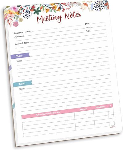 Mudrit Meeting Notes Pad - موضوعات ، الوجبات السريعة ، عناصر العمل والمتابعة - منظم جدول أعمال الاجتماعات غير المؤرخة 53 صفحة ، تمزق الكتاب - 8.5 "× 11" بوصة in Kuwait