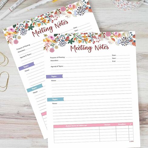 Mudrit Meeting Notes Pad - موضوعات ، الوجبات السريعة ، عناصر العمل والمتابعة - منظم جدول أعمال الاجتماعات غير المؤرخة 53 صفحة ، تمزق الكتاب - 8.5 "× 11" بوصة in Kuwait