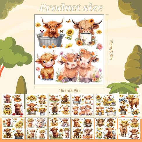12sheets Highland Cow Rub on Transfers for Crafts and Furnitures Cute Highland Cow Stickers UV DTF Cup Wrap for Cups Waterproof Stickers for Water Bottle Car Wall Window Highland Cow Bathroom Decor in Saudi Arabia