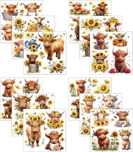 12sheets Highland Cow Rub on Transfers for Crafts and Furnitures Cute Highland Cow Stickers UV DTF Cup Wrap for Cups Waterproof Stickers for Water Bottle Car Wall Window Highland Cow Bathroom Decor in Saudi Arabia