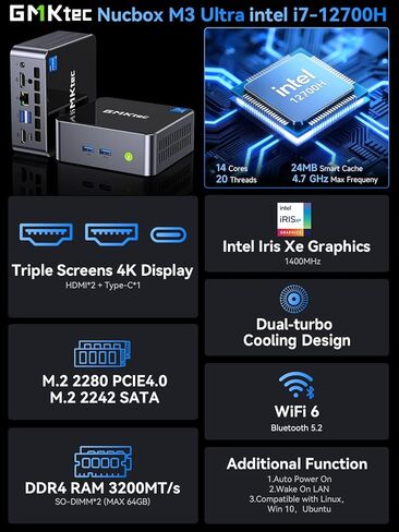 GMKtec Mini PC Intel Core i5 12450H (up to 4.4GHz) Windows 11 Pro Desktop Mini Computers 16GB DDR4 Dual Channel 512GB Hard Drive SSD, 2X HDMI 4K, 4X USB 3.2, USB-C, WiFi 6, BT 5.2, Ethernet 2.5G LAN in Kuwait