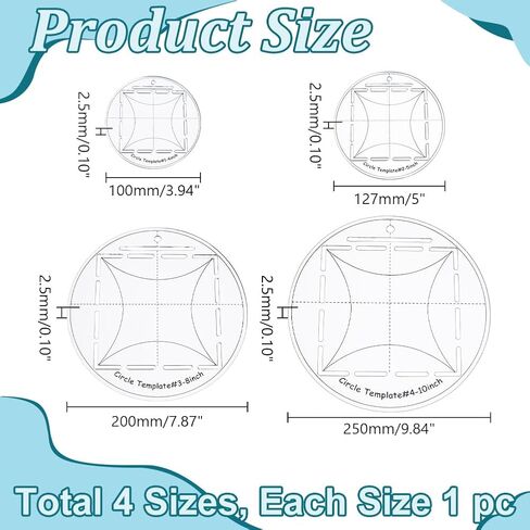 4pcs circle قالب خياطة اللحف 4/5/8/10 بوصة الدائرة الدائرية الحاكم الدائري واضحة جولة الحكام خياطة وضعت لوازم لحاف أساسية لأنماط القطع ونسيج طبقة الخياطة طبقة الخياطة in Kuwait