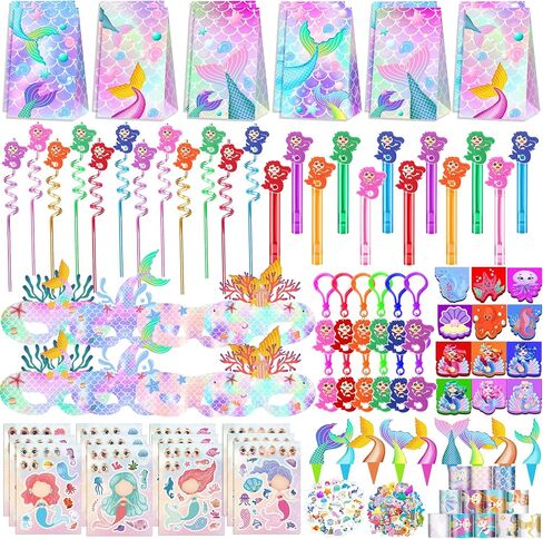 320pcs الحفلات حورية البحر تفضل مجموعة زخارف عيد الميلاد مع حقائب جيدة ، صولج الفقاعات ، قش ، أقنعة ، ملصقات وأكثر ل 12 ضيفًا in Saudi Arabia