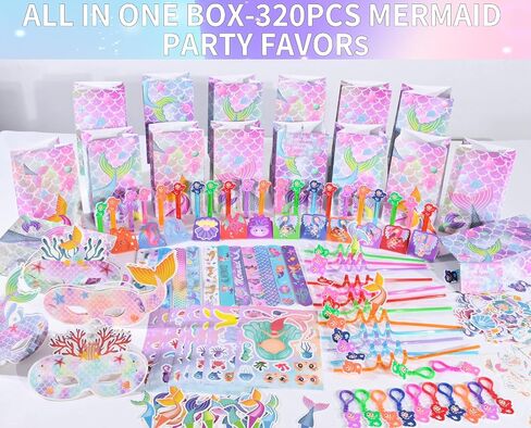 320pcs الحفلات حورية البحر تفضل مجموعة زخارف عيد الميلاد مع حقائب جيدة ، صولج الفقاعات ، قش ، أقنعة ، ملصقات وأكثر ل 12 ضيفًا in Saudi Arabia