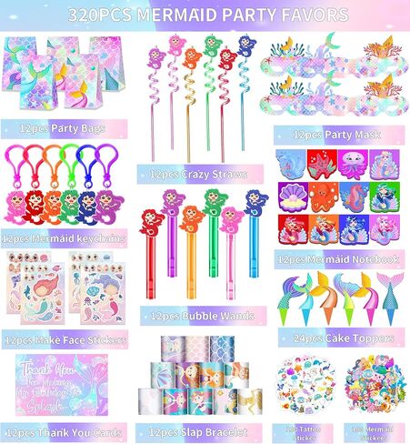 320pcs الحفلات حورية البحر تفضل مجموعة زخارف عيد الميلاد مع حقائب جيدة ، صولج الفقاعات ، قش ، أقنعة ، ملصقات وأكثر ل 12 ضيفًا in Saudi Arabia