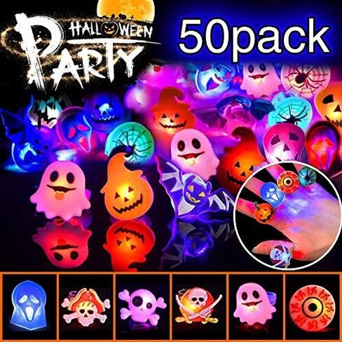 Halloween LED Light Up Ring for Kids Adults Flash Finger Ring Birthday Halloween Party Favors Blinking Soft Toy Rubber Ghost Pumpkin Skeleton Best Gift 50 Pack in Saudi Arabia