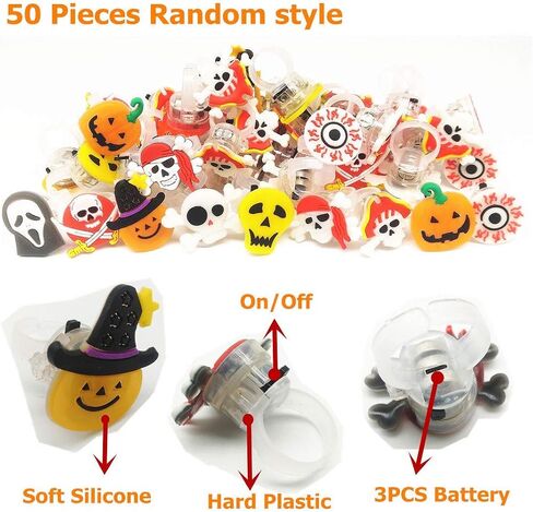 Halloween LED Light Up Ring for Kids Adults Flash Finger Ring Birthday Halloween Party Favors Blinking Soft Toy Rubber Ghost Pumpkin Skeleton Best Gift 50 Pack in Saudi Arabia