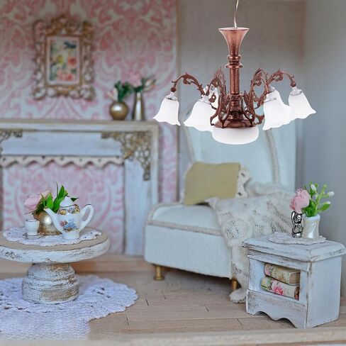 Miniature Dollhouse Chandelier, 1/87 Scale Miniature Lamp for Dollhouse Decoration, Metal and Abs Tiny Chandelier with Warm White Light, * *1.77 Inch, Brown in Saudi Arabia