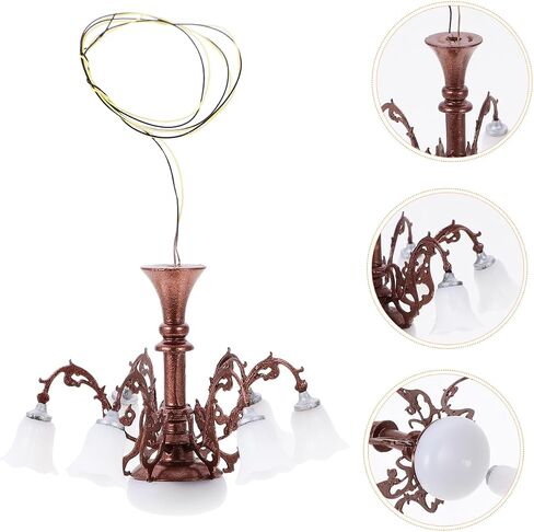 Miniature Dollhouse Chandelier, 1/87 Scale Miniature Lamp for Dollhouse Decoration, Metal and Abs Tiny Chandelier with Warm White Light, * *1.77 Inch, Brown in Saudi Arabia