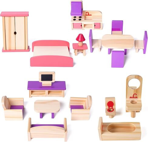 مجموعة أثاث دمية Babeside Wooden Dollhouse ، 15 PCS ملحقات Dollhouse لـ 5 غرف ، ألعاب أثاث مصغرة من الخشب الصلب مقابل 6 دمى ، تظاهر هدية للأطفال الذين تتراوح أعمارهم بين 3 فتيات. in Saudi Arabia