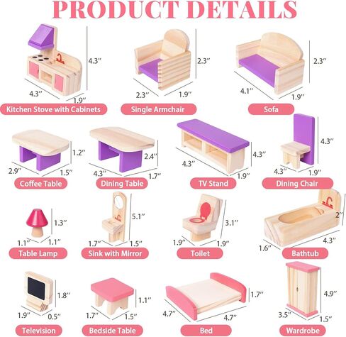مجموعة أثاث دمية Babeside Wooden Dollhouse ، 15 PCS ملحقات Dollhouse لـ 5 غرف ، ألعاب أثاث مصغرة من الخشب الصلب مقابل 6 دمى ، تظاهر هدية للأطفال الذين تتراوح أعمارهم بين 3 فتيات. in Saudi Arabia