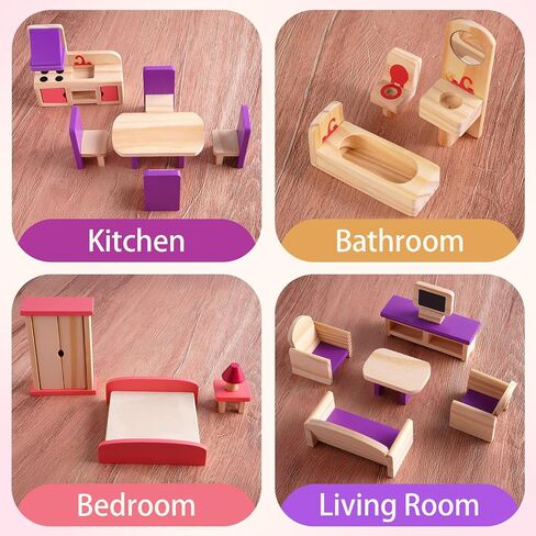 مجموعة أثاث دمية Babeside Wooden Dollhouse ، 15 PCS ملحقات Dollhouse لـ 5 غرف ، ألعاب أثاث مصغرة من الخشب الصلب مقابل 6 دمى ، تظاهر هدية للأطفال الذين تتراوح أعمارهم بين 3 فتيات. in Saudi Arabia