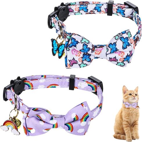 2 Pack Breakaway Cat Collar with Bow Tie Bell, Cute Rainbow Butterfly Pattern Bowtie Collars Soft Kitten Collar Adjustable Safety Summer Collars for Male Female Cats in Saudi Arabia