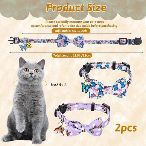 2 Pack Breakaway Cat Collar with Bow Tie Bell, Cute Rainbow Butterfly Pattern Bowtie Collars Soft Kitten Collar Adjustable Safety Summer Collars for Male Female Cats in Saudi Arabia