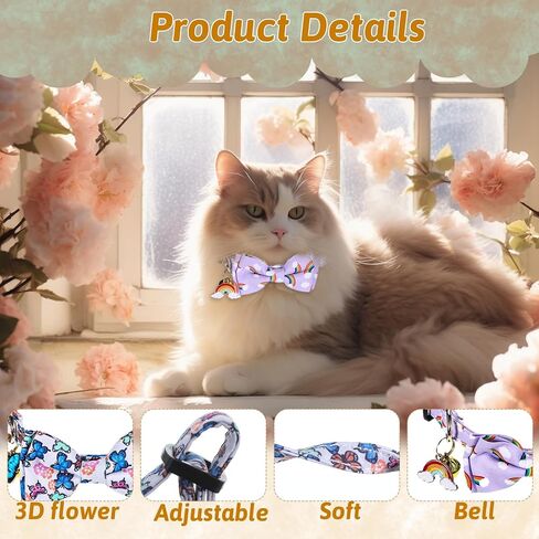 2 Pack Breakaway Cat Collar with Bow Tie Bell, Cute Rainbow Butterfly Pattern Bowtie Collars Soft Kitten Collar Adjustable Safety Summer Collars for Male Female Cats in Saudi Arabia
