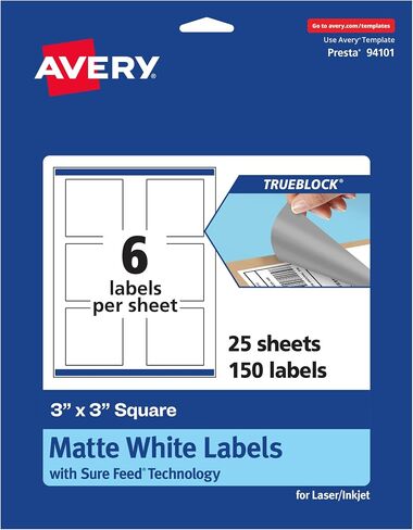 Avery TrueBlock Matte White Square Labels, Sure Feed Technology, 3" x 3", 60 Matte White Labels, Print-to-The-Edge, Laser/Inkjet Printable, Great for Packaging and Product Merchandising in Saudi Arabia