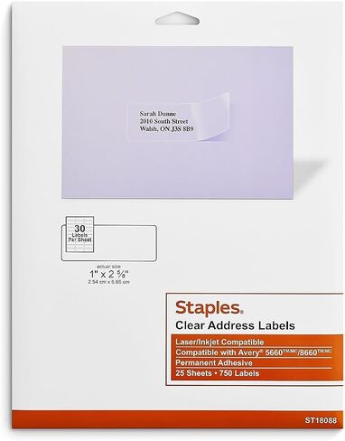Staples 575748 Laser/Inkjet Address Labels 1 بوصة × 2 5/8 بوصة واضحة 30 علامة/ورقة in Saudi Arabia