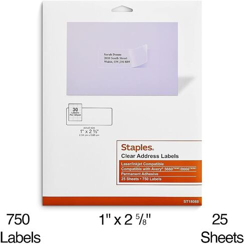 Staples 575748 Laser/Inkjet Address Labels 1 بوصة × 2 5/8 بوصة واضحة 30 علامة/ورقة in Saudi Arabia