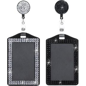 2 PCS BLING ID شارة شارة ، حامل الشارة العمودي قابلة للسحب الكريستال الشحول الحبل الحلقات الراين الاسم شارات العمل الراين المحفوف شارات بكرة كليب للمكتب البيت الأسود الأبيض in Kuwait