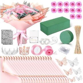Maysing Thanksgiving Money Bouquet Kit 12 Pcs Glitter Roses 20 Sheet Flower Wrapping Paper DIY Flower Bouquet Floral Foam Blocks Sticker for Anniversary Birthday Mother's Day Graduation(Pink) in Saudi Arabia