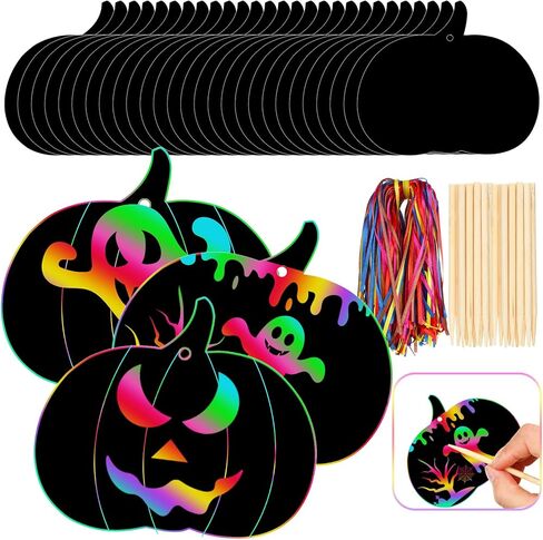 Jenaai 150 Set Halloween Scratch Art Halloween Paper Crafts Kit, 50 Pumpkin Scratch Cards Ornaments 50 Wooden Sticks 150 Ribbons for Rainbow Art Trick or Treat Party Supplies Game Goodies Gifts in Kuwait
